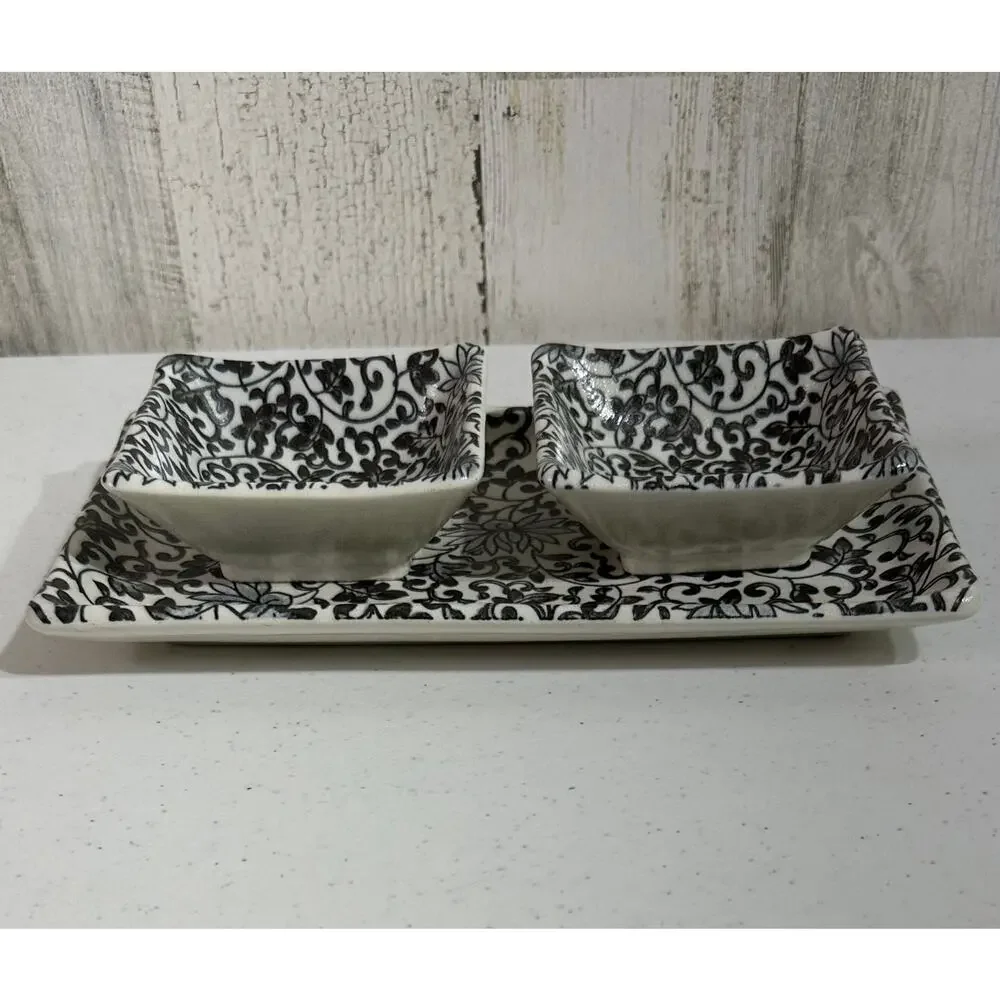 Kanesada Salt Glaze‎ Stoneware Set Sushi Plate Sauce Bowls Black Floral Filagree
